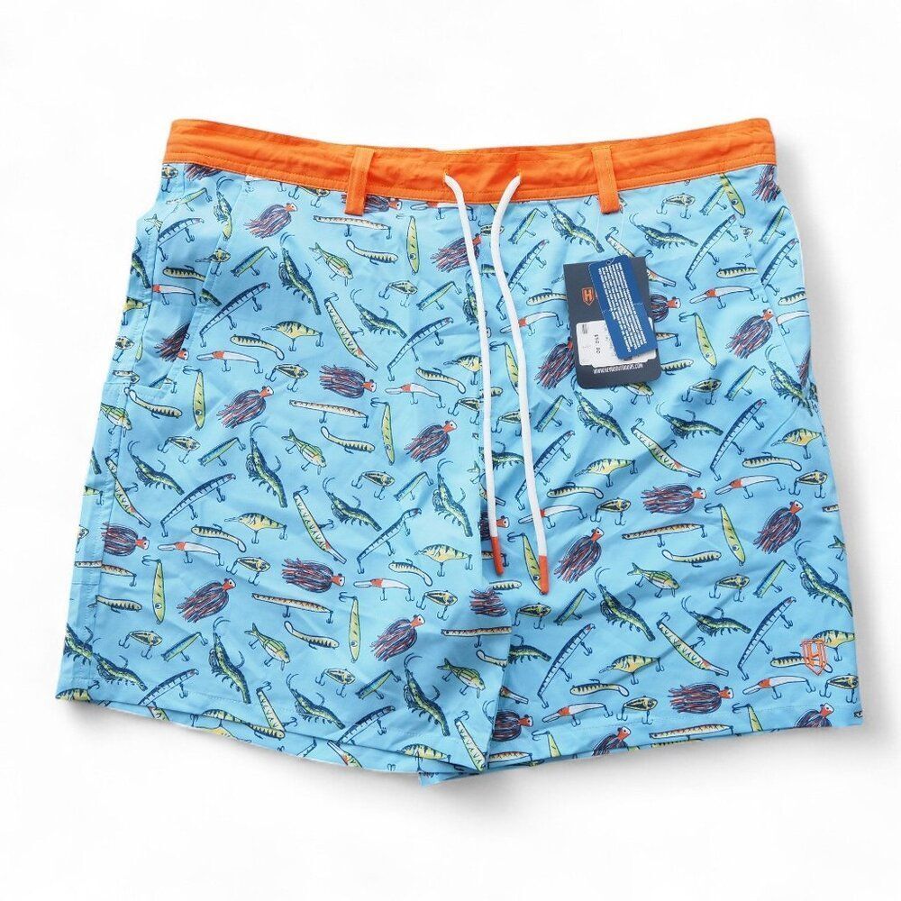 HEYBO Outdoor EBB Tide "Lures" Swim Trunks‎ Men's L Blue / Multicolor